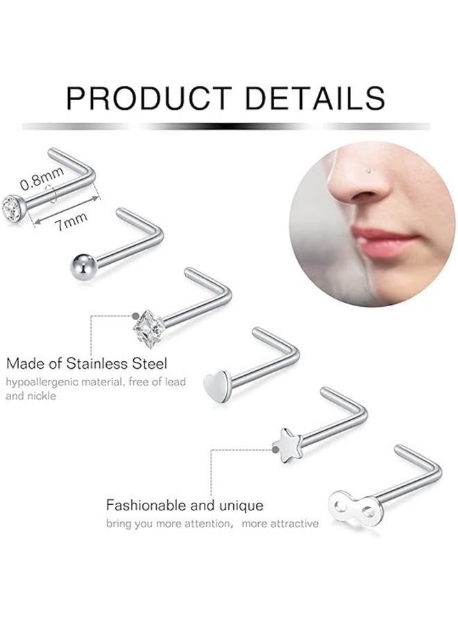 مجموعة 15 قطعة 20 جرام من حلقات الأنف المصنوعة من الفولاذ المقاوم للصدأ، لا تسبب الحساسية على شكل حرف L، مجوهرات ثقب الأنف للنساء والرجال - Image 4